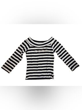 bebe Black White Stripe Long Sleeve off shoulder boat neck collar diamanté logo